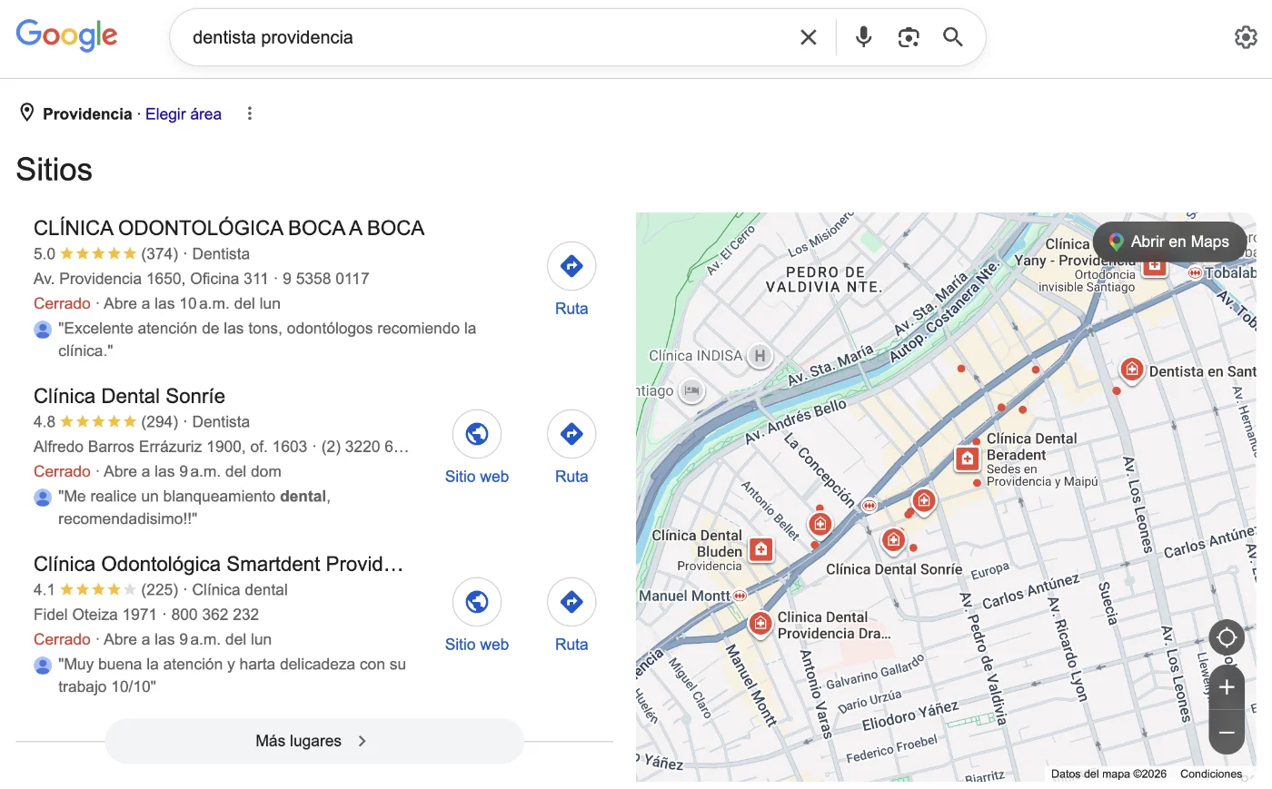 Pack local de Google Maps con resultados para "dentista Providencia" mostrando tres clínicas con reseñas y horarios